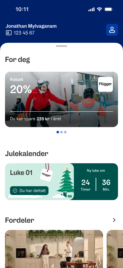 OBOS-appens hjem-skjerm med julekalender-luke og nedtelling til neste luke