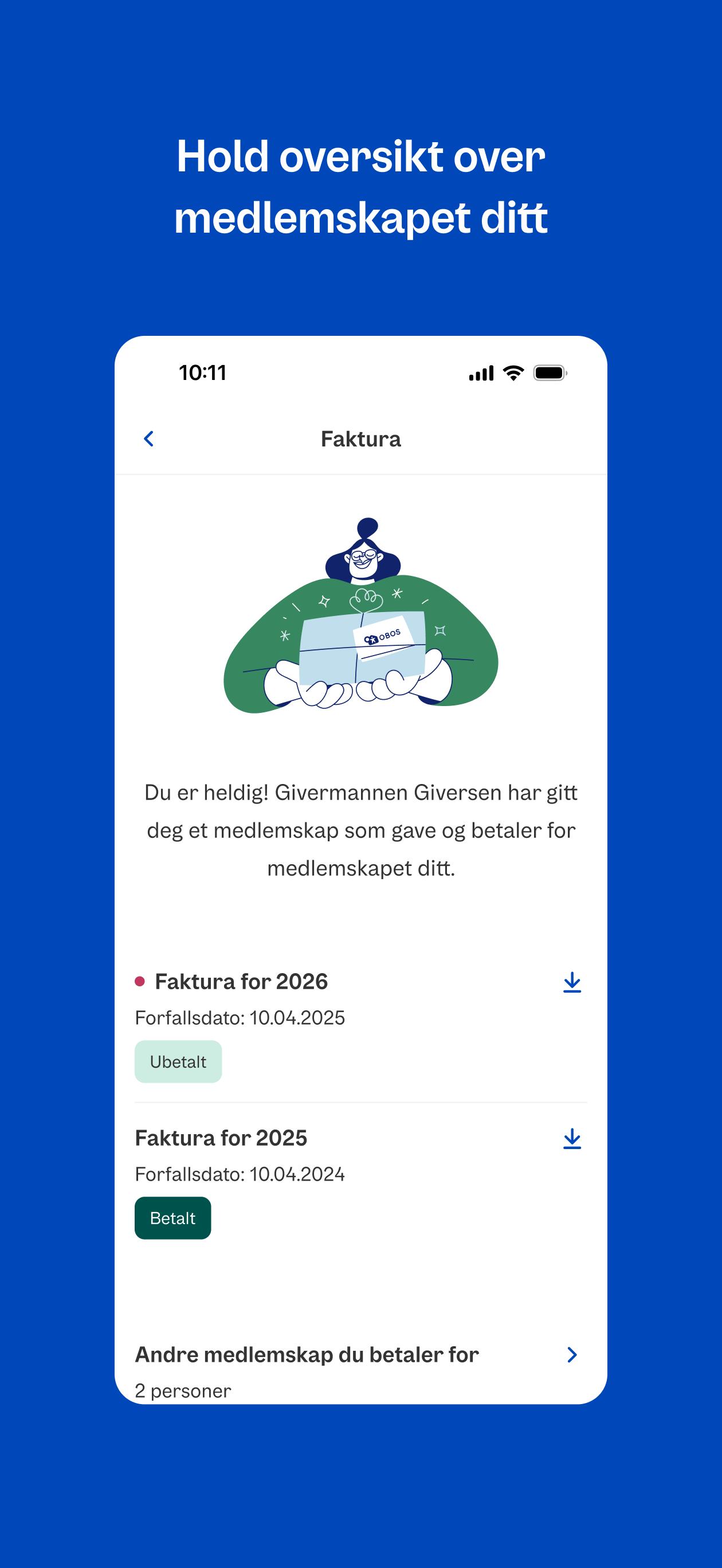 Oversikt over medlemskap og faktura i OBOS-appen